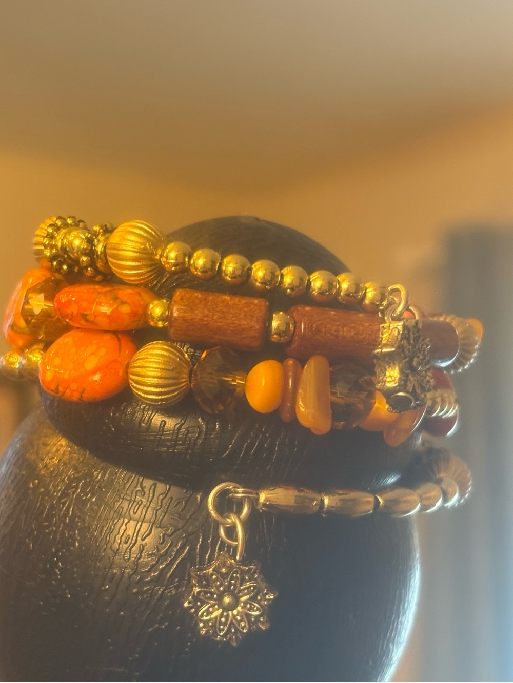 Boho Multi-Strand Orange & Gold Beaded Bracelet
